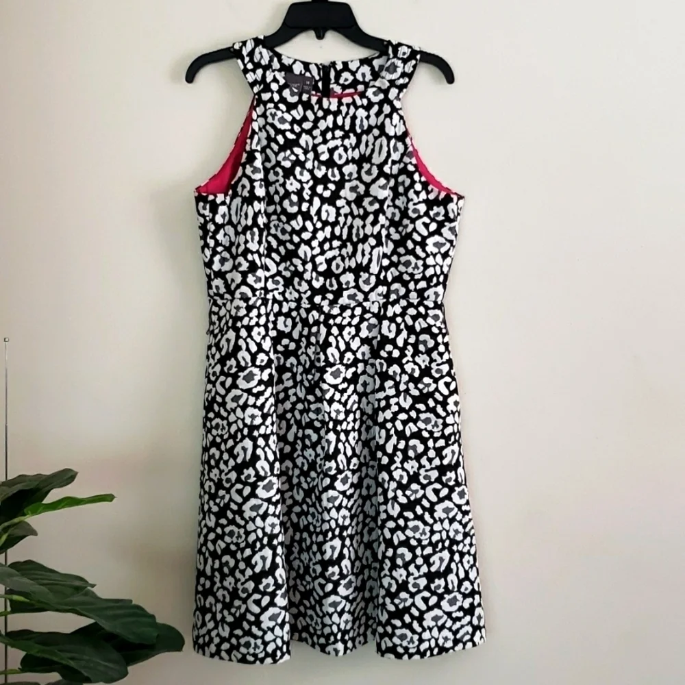 Muse knee length dress midi black white leopard print high neck, women's size 14